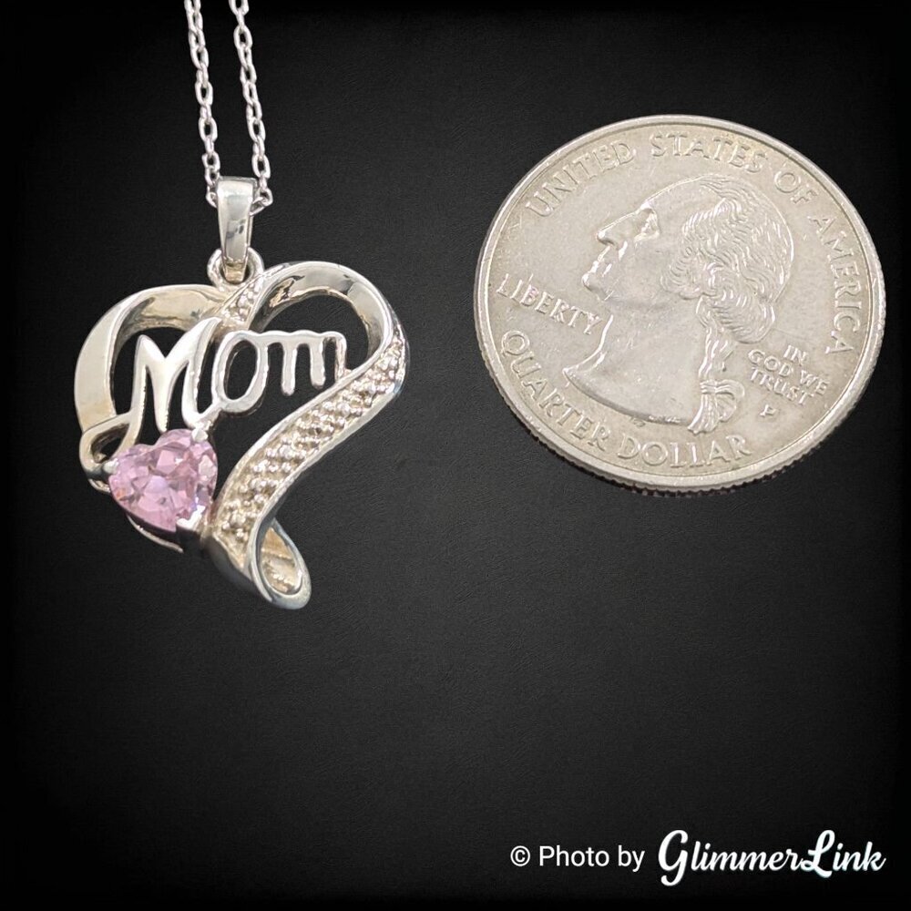 Dainty Pink CZ Mom Heart October Birthstone 925 Sterling Silver Pendant Necklace - Picture 7 of 12